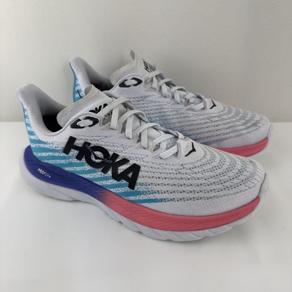 Hoka One One‎ Women's Mach 5 White/Pink/Blue Running Shoes Size 8.5